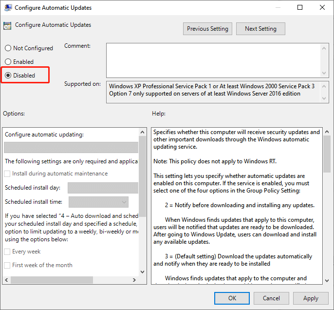 Configure automatic Updates-disable Windows 10 updates