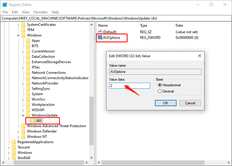 Registry Editor-disable Windows 10 updates