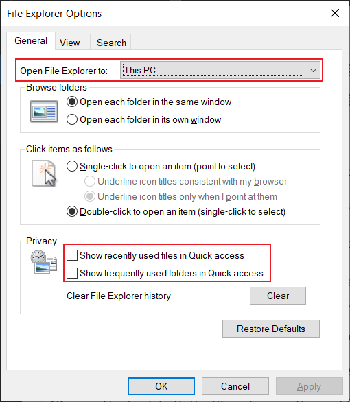 Disable Quick Access and Set Open File Explorer to This PC
