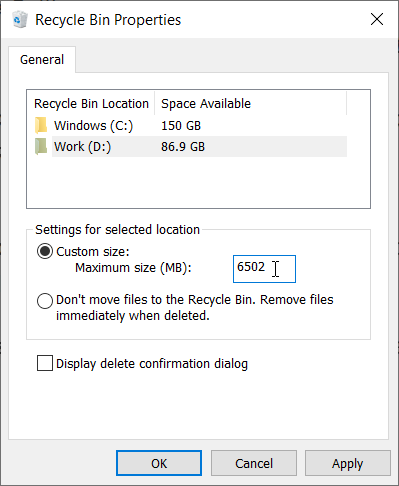 Increase the Disk Space Allocated for Recycle Bin