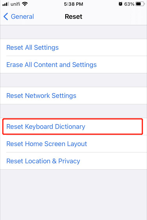 reset keyboard dictionary