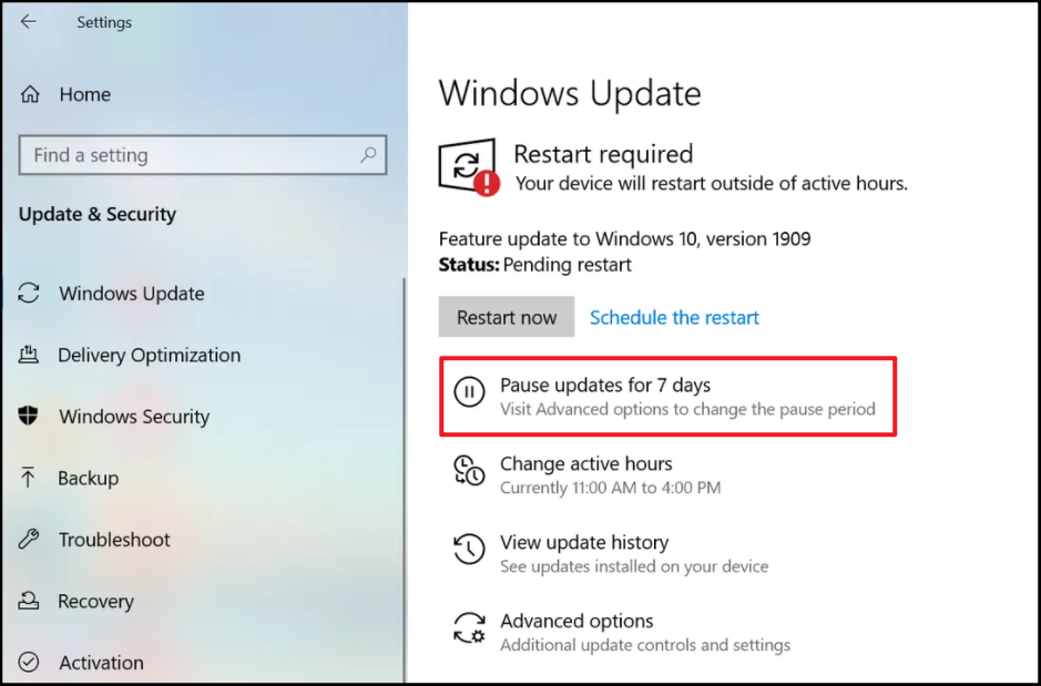 Pause Windows Updates for 7 days
