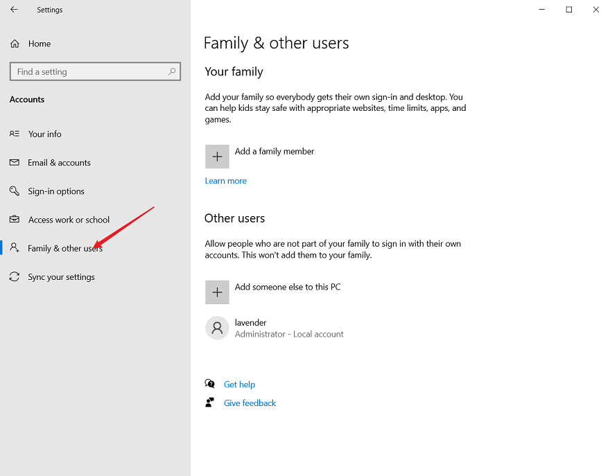 Family & Other Users tab