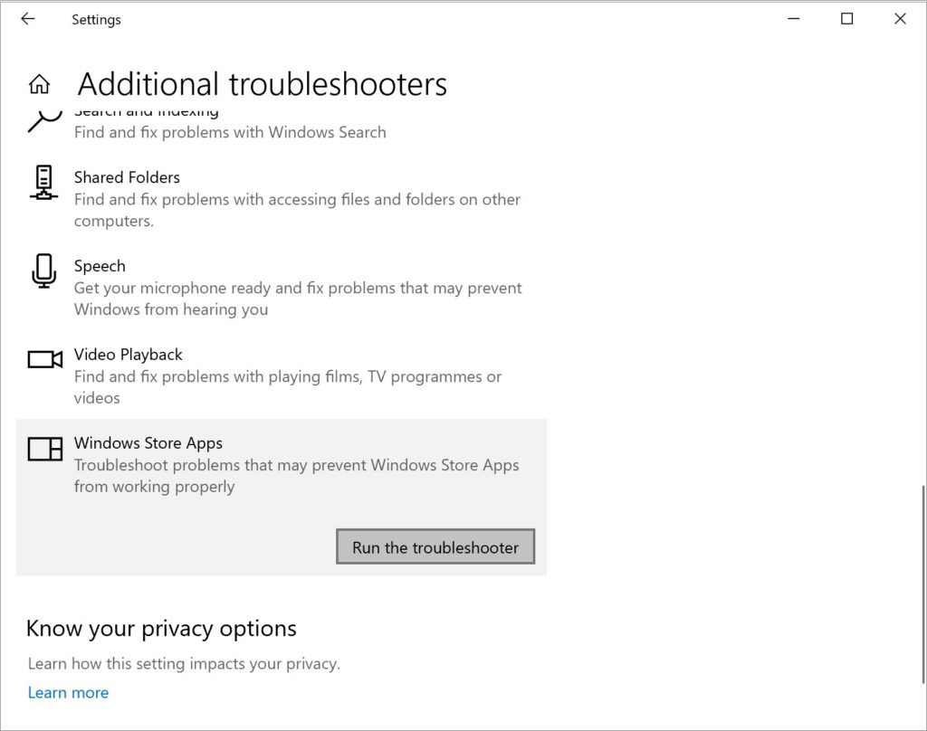 additional troubleshooters-windows store apps
