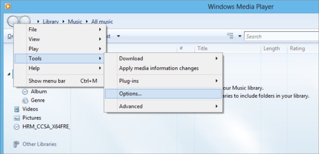 Windows Media Player-tools-options