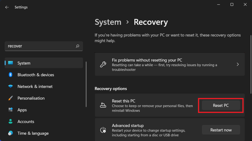 windows 11- recovery-reset this PC