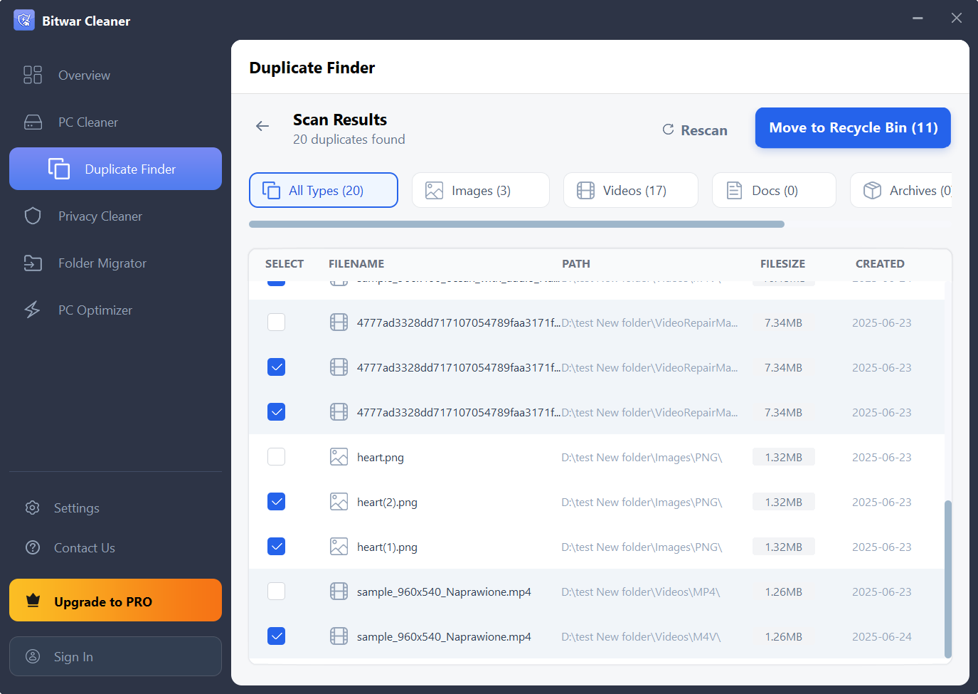 bitwar cleaner-Duplicate finder-scan results