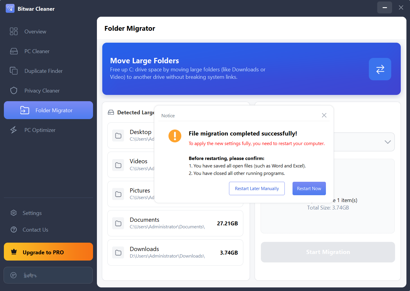 bitwar cleaner-Folder Migrate completed